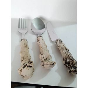 Vintage Faux Antler Flatware 3pc Set Folk Spoon Knife (b4)